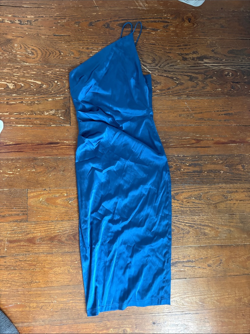 Satin Asymmetrical Slip Midi Dress in Cobalt Blue